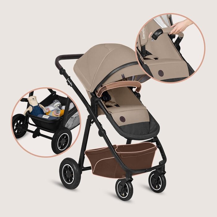 Дитяча коляска Lionelo Bianka 3 в 1 до 22 кг з автокріслом, складна, система подорожей, регулювання спинки, колеса 360°, амортизація, великий капюшон (BEIGE SAND)