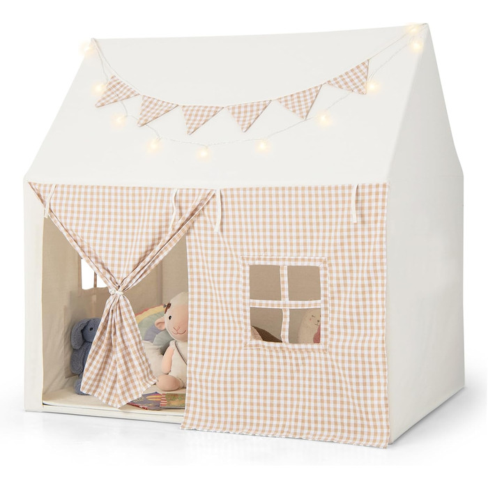 Дитячий намет GOPLUS з м'яким килимком, зірками та китицями, ігровий будиночок для дому та вулиці з вікнами, дверима та кишенями, для дітей від 3 років (Бежевий)