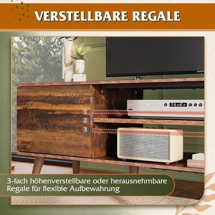 Тумба під телевізор WLIVE 160x40x47 см з двома дверцятами та відкритими полицями, вітальня, спальня, вінтажний коричнево-чорний