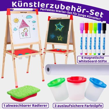 Дитяча мольберт Blue Squid Kinder Staffelei - регульована висота, двостороння, з крейдяною дошкою, білою дошкою, рулоном паперу, 100+ аксесуарів, для дітей 3-12 років, преміум-якість 2025 + 100 аксесуарів (червоний)