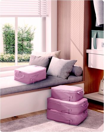 Набір органайзерів для валізи та рюкзака ECOHUB, 4 компресійні пакувальні куби з міцною сіткою та бирками, екологічні дорожні сумки для одягу (Рожевий)