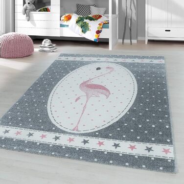 Дитячий килимок з коротким ворсом Flamingo Star Design Дитяча кімната Ігрова кімната 11 мм Висота ворсу М'яка прямокутна кругла доріжка Розмір 120x170 см (200x290 см, рожевий)