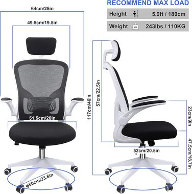 Ергономічне крісло для офісу та дому: комп'ютерне крісло з регульованою підголівником та поперековою підтримкою, до 150 кг, білий колір, Basic