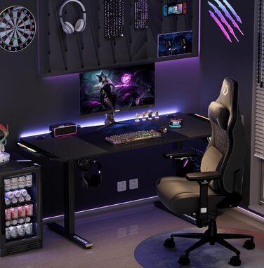 ULTRADESK Стіл для роботи Level V2 - Регульована висота, 140x68 см, з підсвіткою, для геймінгу, офісу, дому - з XL-килимком для миші (Синій)