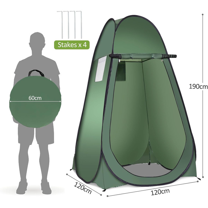 Намет для душу HOMASIS Pop up, 120x120x190 см, зелений - портативний, з кишенькою, для кемпінгу та відпочинку на природі