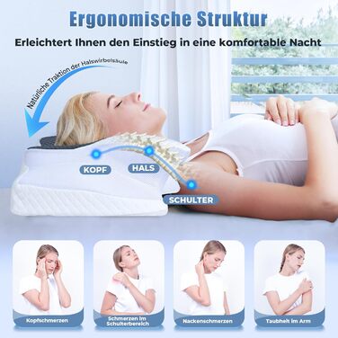 Подушка для шиї Saheyer з Memory Foam, ергономічна ортопедична подушка для сну на боці, покращує якість сну, 70 x 40 x 15/12 см, з чохлом білого та вугільно-сірого кольорів