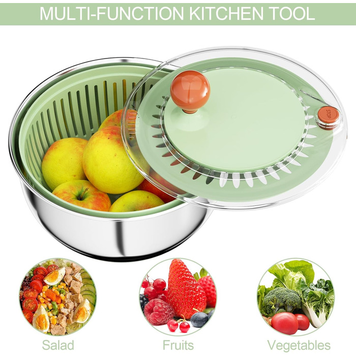 Швидка салатниця-швидкообертач з нержавіючої сталі з кришкою, для миття та сушіння овочів та фруктів