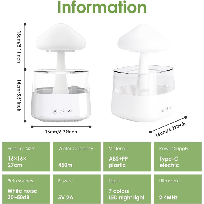 Зволожувач повітря Rain Clouds, зволожувач повітря 450 мл 3-в-1 кімнатний зволожувач повітря / дифузор ефірних масел / 7 кольорів нічного світла з краплею води з дистанційним керуванням лампою водоспаду