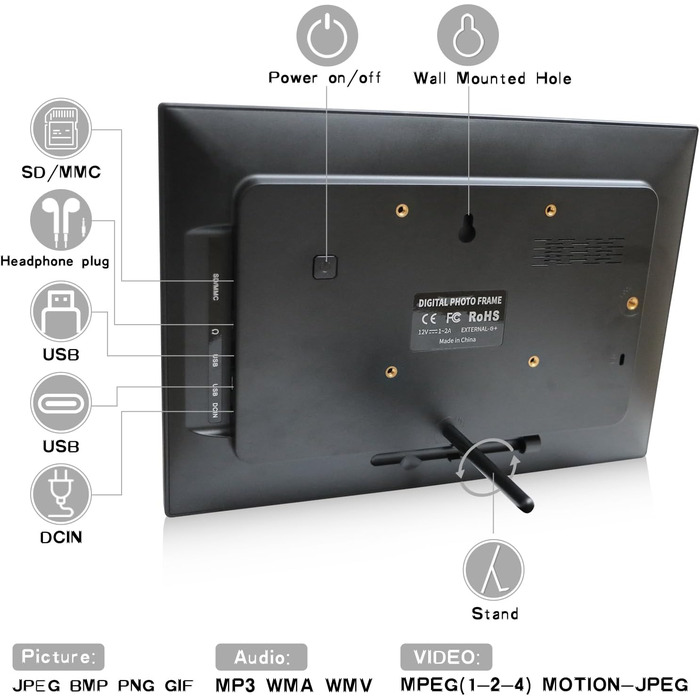 Frameo Цифровий фоторамка 10.1 дюйма з Wi-Fi, HD сенсорний екран, 16GB пам'яті, автоматичне обертання, віддалене завантаження фото та відео, чорний