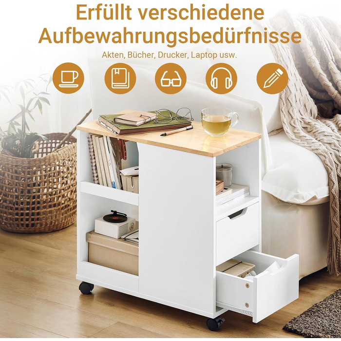 Столик для принтера SoBuy на колесах, з полицями, білий та натуральний колір, 30x60x60 см (FBT130-WN)