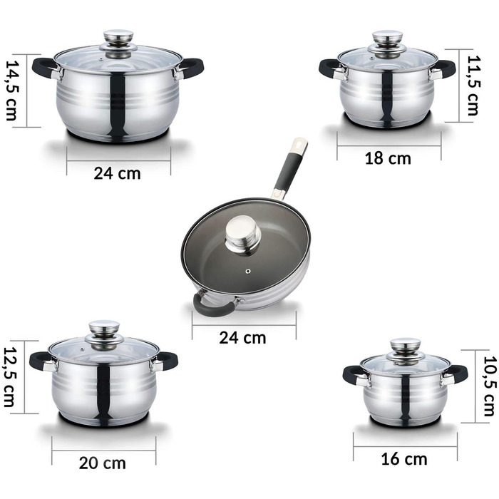 Мелодія 10 шт. Набір індукційних каструль з нержавіючої сталі для всіх типів плит, сріблясто-чорний