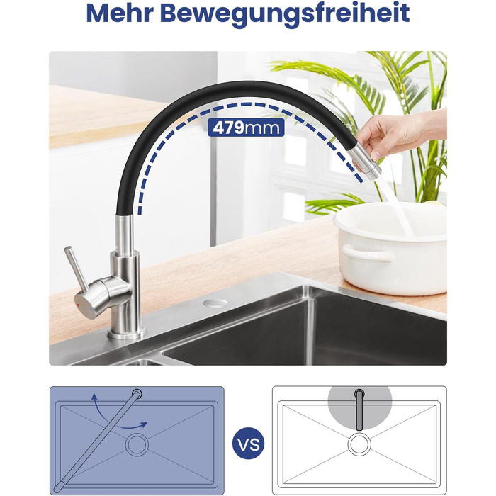 Гнучкий змішувач для кухні Sofetiy чорний, 2 водяні струмені, змішувач 360, нержавіюча сталь високого тиску