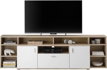 Нижня дошка для телевізора в кольорі Sonoma Oak Look, White - Сучасна тумба під телевізор з великою кількістю місця для зберігання вашої вітальні - 200 x 62 x 40 см (Ш/В/Г)