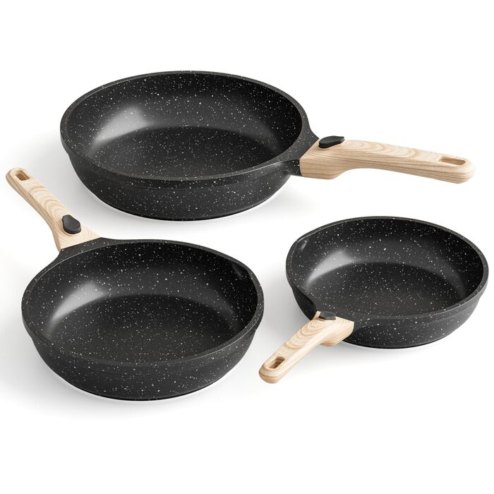 Набір сковорідок з індукційним покриттям RIOVARM з знімними ручками, антипригарний набір сковорідок з кришками 20 см, 24 см, 28 см, сковорода для омлетів без PFOA, кухонний набір для всіх типів плит, придатний для миття в посудомийній машині та духовки (B