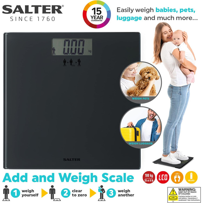 Ваги для ванної кімнати Salter SA00300 GGFEU16 з функцією зважування, ваги для тіла людей з функцією тари, РК-дисплей, що легко читається, ідеально підходять для зважування немовлят, максимальна вага 180 кг
