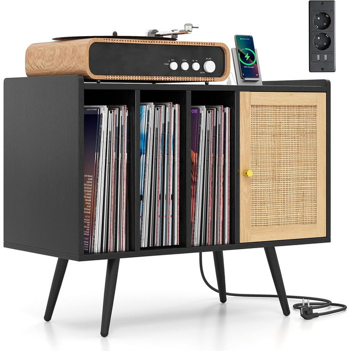 Підставка для програвача COSTWAY з зарядною станцією, стійка для вінілових програвачів, шафа для зберігання платівок, ротанговий дерев'яний шафчик, стіл для зберігання 220 платівок, 80 x 40 x 65 см (Чорний)