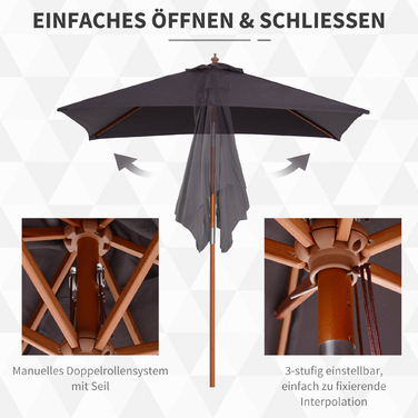 Outsunny Parasol Складна садова парасолька з деревини ялиці, 3-ступінчаста регульована, темно-сіра, 200x150x230см