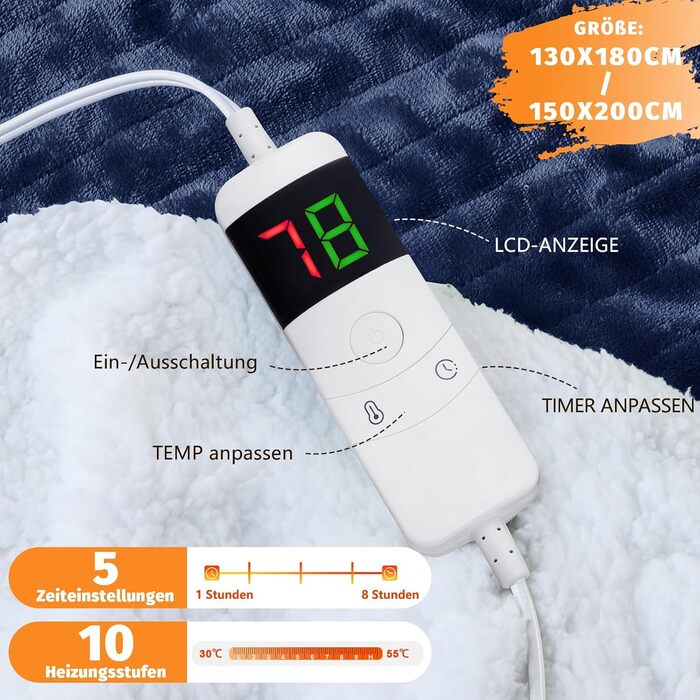 Електрична ковдра BOMOVA з автовимкненням, плюшева ковдра для дому, 10 режимів нагріву, таймер, 130x180 см (Блакитна)