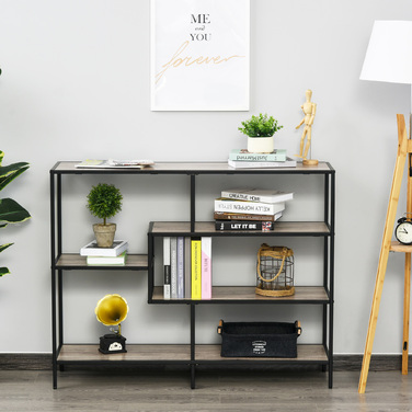 Стелаж Standregal: Промисловий стелаж для книг, документів та кухонного приладдя. Виготовлений з П2 ДСП та металу, комбінація чорного кольору та світлого дуба. Розміри: 120 x 32 x 95 см.