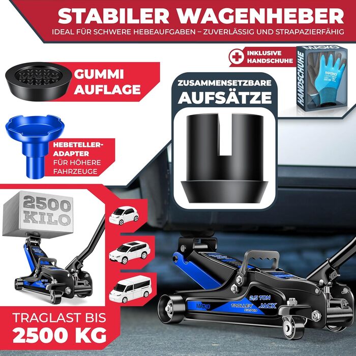 Гідравлічний домкрат MASKO 3T з низьким профілем (85-460 мм) для авто, SUV. З гумовими накладками, роликами 360°, рукавичками. Підставка для ремонту, синій.