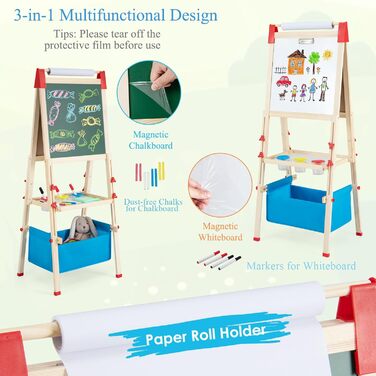Дитяча мольберт HOMASIS двосторонній, регульована висота, крейда та папір, для дітей 3-8 років, з сумкою для зберігання, 44 x 40 x 102-126 см