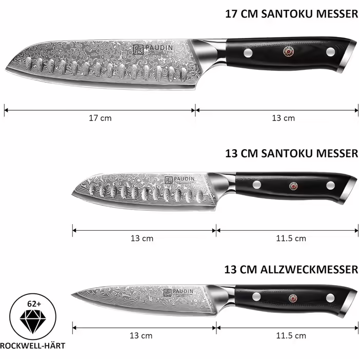 Набір кухонних дамаскових ножів PAUDIN, 3 предмети, ультрагострий Santoku з 67-шарової дамаської сталі з японським VG10 ядром, ергономічна ручка G10