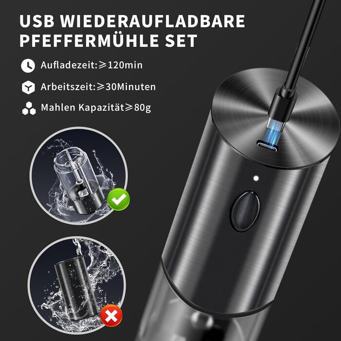 Електричні мельниці для солі та перцю Haomacro з LED-підсвіткою, USB-зарядка, нержавіюча сталь, регулювання помелу, Gunmetal