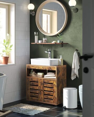 Підставка під раковину VASAGLE, шафка для ванної кімнати, 60 x 30 x 63 см, шафка для ванної, комод для зберігання з 2 дверцятами-решітками, з регульованою полицею, вінтажний коричневий BBK04BX