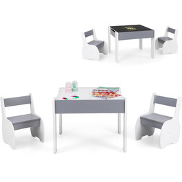 Дерев'яний дитячий стіл з 2 стільцями DREAMADE, 3-х частинний набір меблів для дітей, стіл з двосторонньою поверхнею та місцем для зберігання, набір меблів для хлопчиків та дівчаток (білий, світло-сірий)