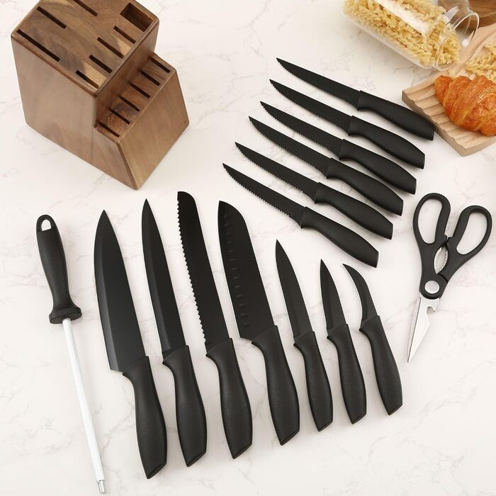 Набір ножів кухонних 15 шт. з дерев'яним блоком (з ножицями та точилкою). Набір ножів з блоком з масиву акації
