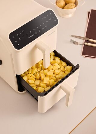 Фритюрниця без олії повітряного приготування 4.2L з пароваркою / Об'єм 5-6 порцій, 6 програм, скляна корзина, регулювання часу та температури, 1300W (11.2L ДУАЛЬНА СТАК, Кремовий білий)