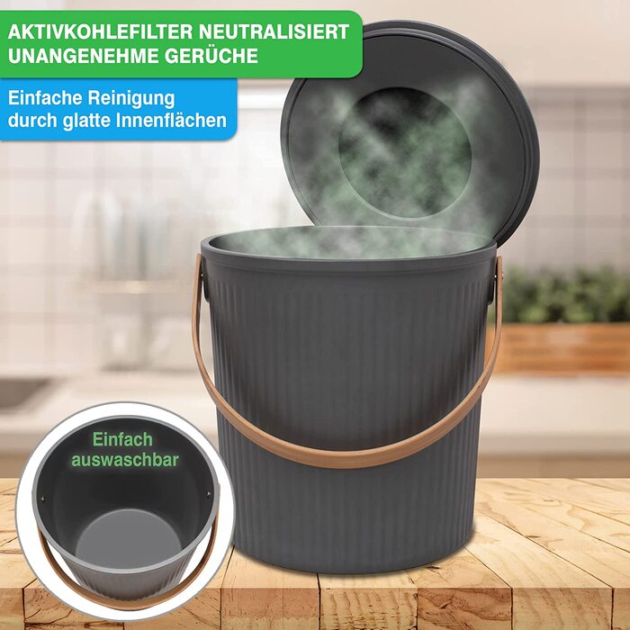 Кухонне відро для компосту YourCasa - 6 л-для побутових органічних відходів-миється-кухонне відро для органічних відходів-екологічно чисте органічне відро для сміття з кришкою і фільтром 80 біорозкладних мішків для сміття (темно-сірого кольору)