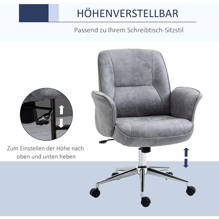 Крісло Vinsetto для офісу та дому: регульоване, поворотне, з функцією гойдання, для робочого кабінету або спальні, сірого кольору (до 120 кг)