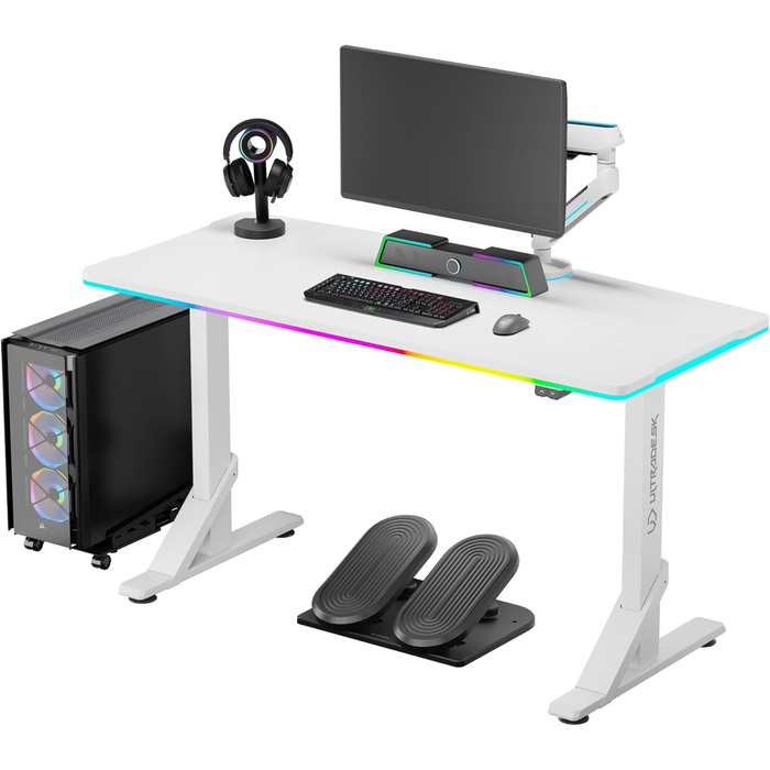 Комп'ютерний стіл ULTRADESK Iron з RGB підсвічуванням: механічний регульований стіл для геймінгу (білий)