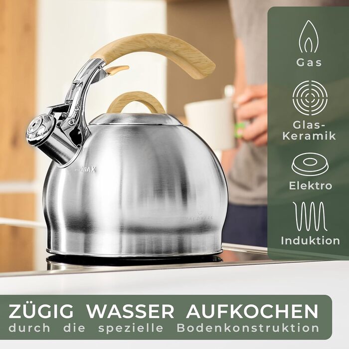 Чайник для води 2,2 л - індукційний та газовий - без пластику, дерев'яна ручка, чайник-флейта зі свистком
