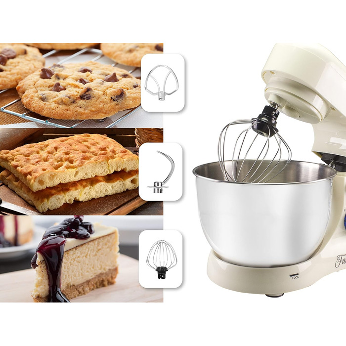 Міксер планетарний BEPER BP.200, 1000 Вт, 4.5 л, нержавіюча сталь, для замішування, подрібнення, приготування тіста, кремового кольору