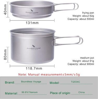 Набір кухонного посуду Boundless Voyage з титанових каструль та сковорідок для кемпінгу та пікніків Ti1585B