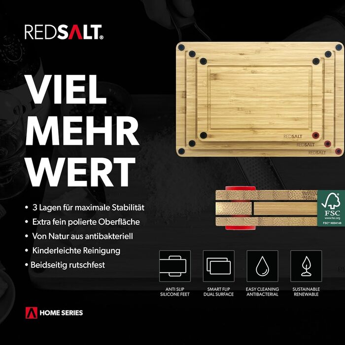 Набір дерев'яних обробних дощок REDSALT® з бамбука (3 шт.) | Антибактеріальні, з глибокою канавкою для соку, розміри 38x26, 32x22, 26x18 см | Сертифіковані FSC, преміум-якість