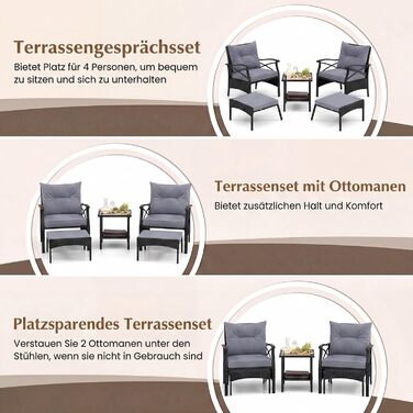 Садовий набір меблів COSTWAY з ротангу, 5 предметів: 2 крісла з подушками, пуф та стіл для балкона, тераси, саду (Чорний + Сірий)