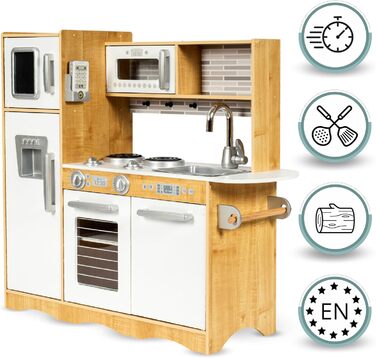Дерев'яна дитяча кухня Mamabrum з LED-підсвічуванням та аксесуарами - 15 частин. Комплект: плита, духовка, мікрохвильова піч, холодильник, кран та іграшкова кухонна утвар для дітей