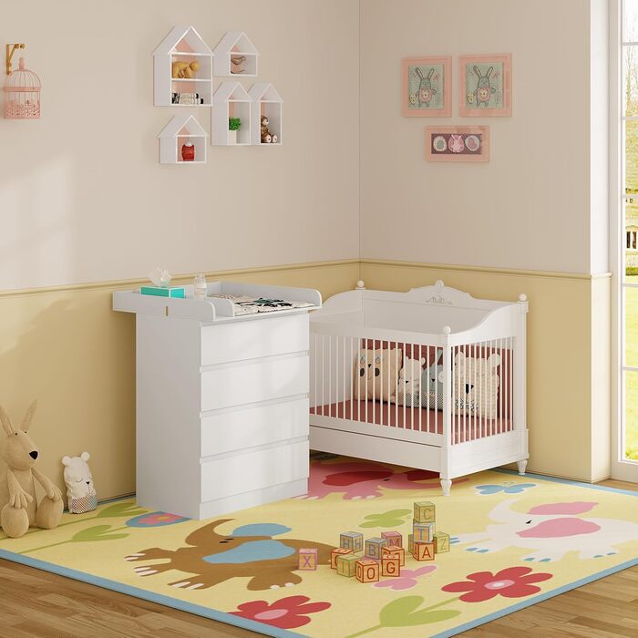 Комод для переодягання дитини Woltu з знімним пеленальним столиком, пеленальний столик, комод з 4 висувними ящиками, висота 110 см, білий + глянсовий білий