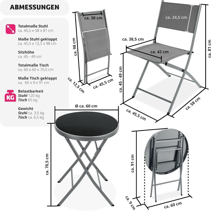 Набір бістро tectake, стіл і 2 х стільці, невеликий круглий обідній стіл, розкладний стіл і набір складних стільців, компактні меблі на відкритому повітрі стійкі до атмосферних впливів для балкона, тераси, садові меблі - сірий