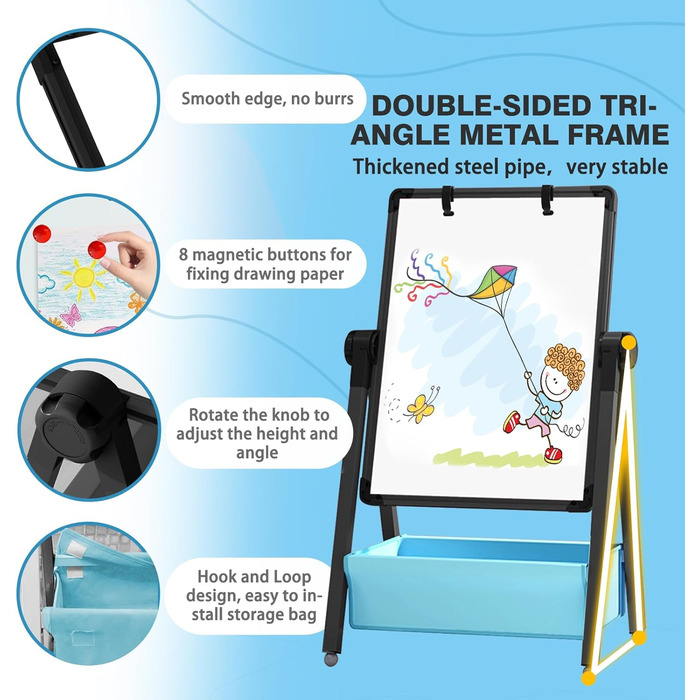Дитяча мольберт Kinderstaffelei: двосторонній, металевий, регульований по висоті, 360° обертання, дошка для малювання та письма з літерами та цифрами (чорний)