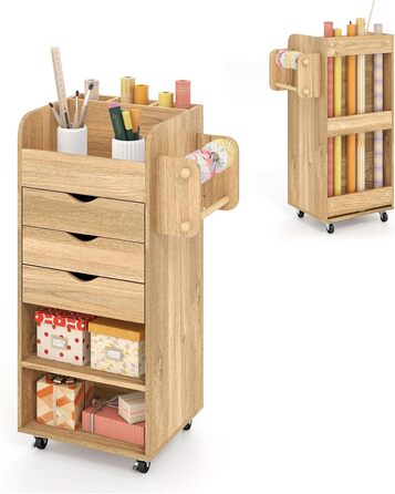 Роликовий контейнер COSTWAY з 3 висувними ящиками, візень для рукоділля з 2 стійками та 3 полицями, дерев'яний шафка на колесах, багатофункціональний візень для офісу та робочого кабінету (білий, натуральний колір)
