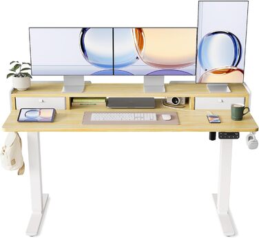 Електричний регульований стіл YIHAYO 120x60 см з ящиками та підставкою для монітора, функція пам'яті, Natural White, білий каркас