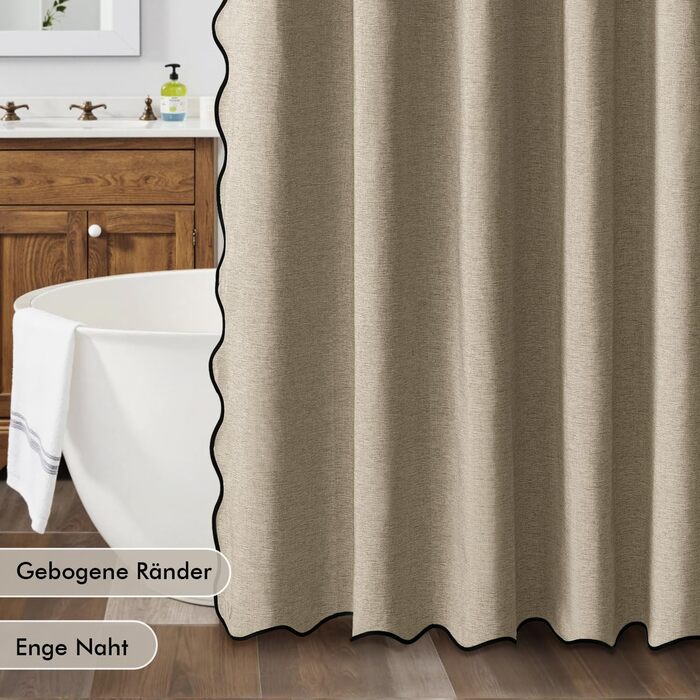 Шторка для душу MIULEE 120x200 см, льон, текстурована, з чорною окантовкою, готельний стиль, водонепроникна, антигрибкова, тканинна, з 8 кільцями, бежева