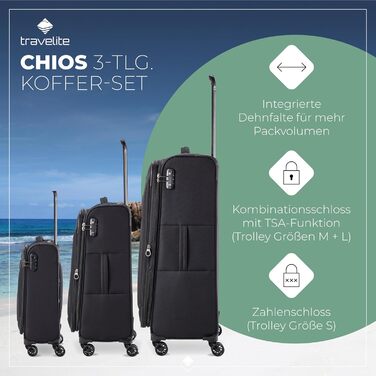 Набір валіз Travelite Chios: L/M/S, чорний, м'яка оболонка, ручна поклажа, IATA
