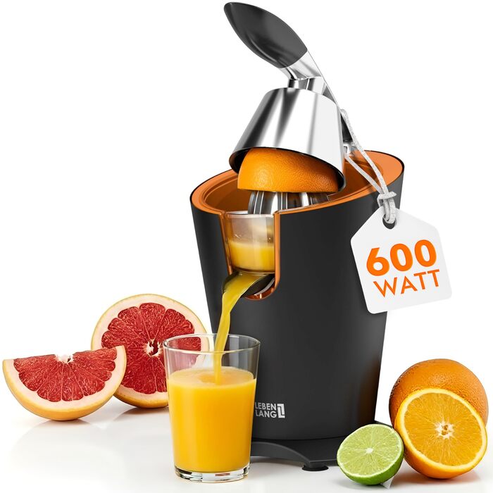 Електрична прес для цитрусових LEBENLANG з нержавіючої сталі, 600W. Включає конус з нержавіючої сталі, не містить BPA. Висока вихідність соку для апельсинів та лимонів. Чорний колір.