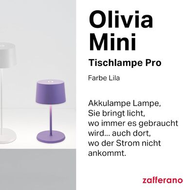 Zafferano Olivia Mini Лампа: Портативна LED-лампа з торканням, 22 см, фіолетовий колір, для дому та вулиці, диммер, 2700-3000K, з зарядним пристроєм (стара версія)