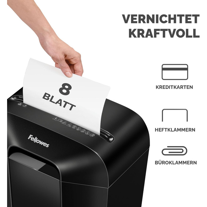 Fellowes шредер для документів, P4, чорний, 15л, для дому та офісу, знищення кредитних карт, 8 листів